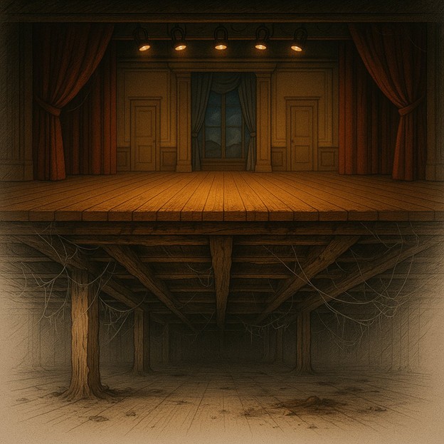 Drawn image of a stage showing the supports underneath